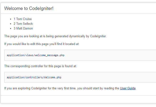 Image of the CodeIgniter Modified Default Welcome Page