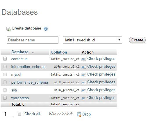 Image of the phpMyAdmin Database List